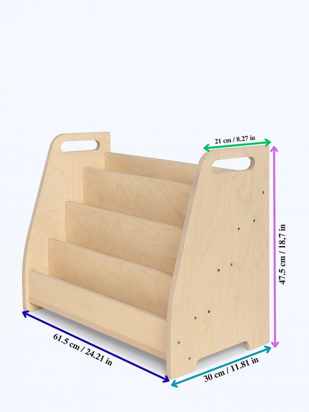 a functional wooden book stand for kids displaying colorful picture books in a bright, organized playroom