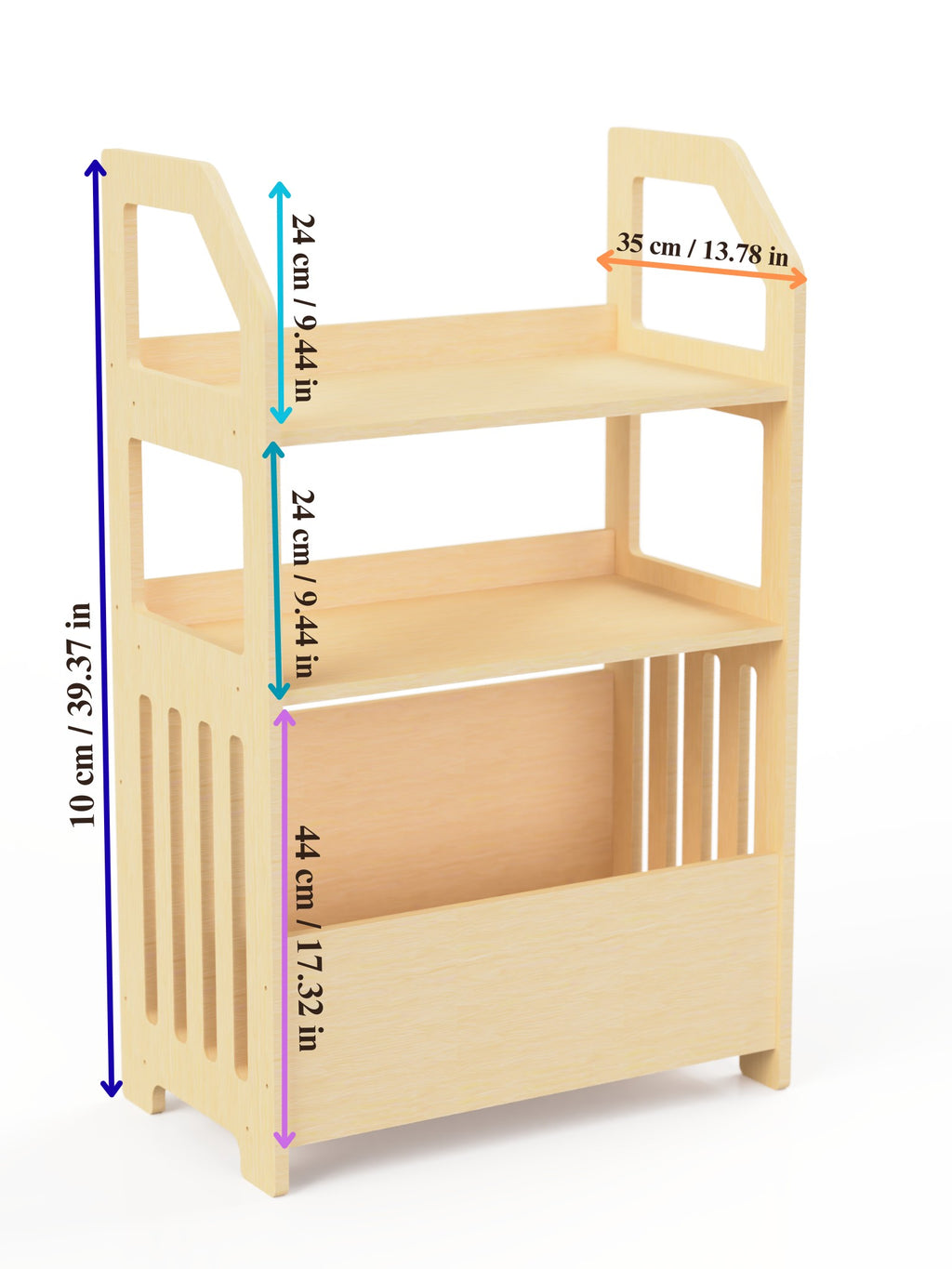 elegant birch plywood montessori shelf in a softly lit room with a leather bag on the bottom shelf