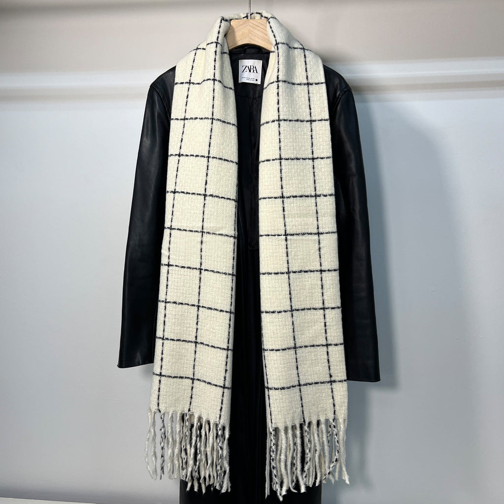 Cream White Plaid Scarf with Fringe
