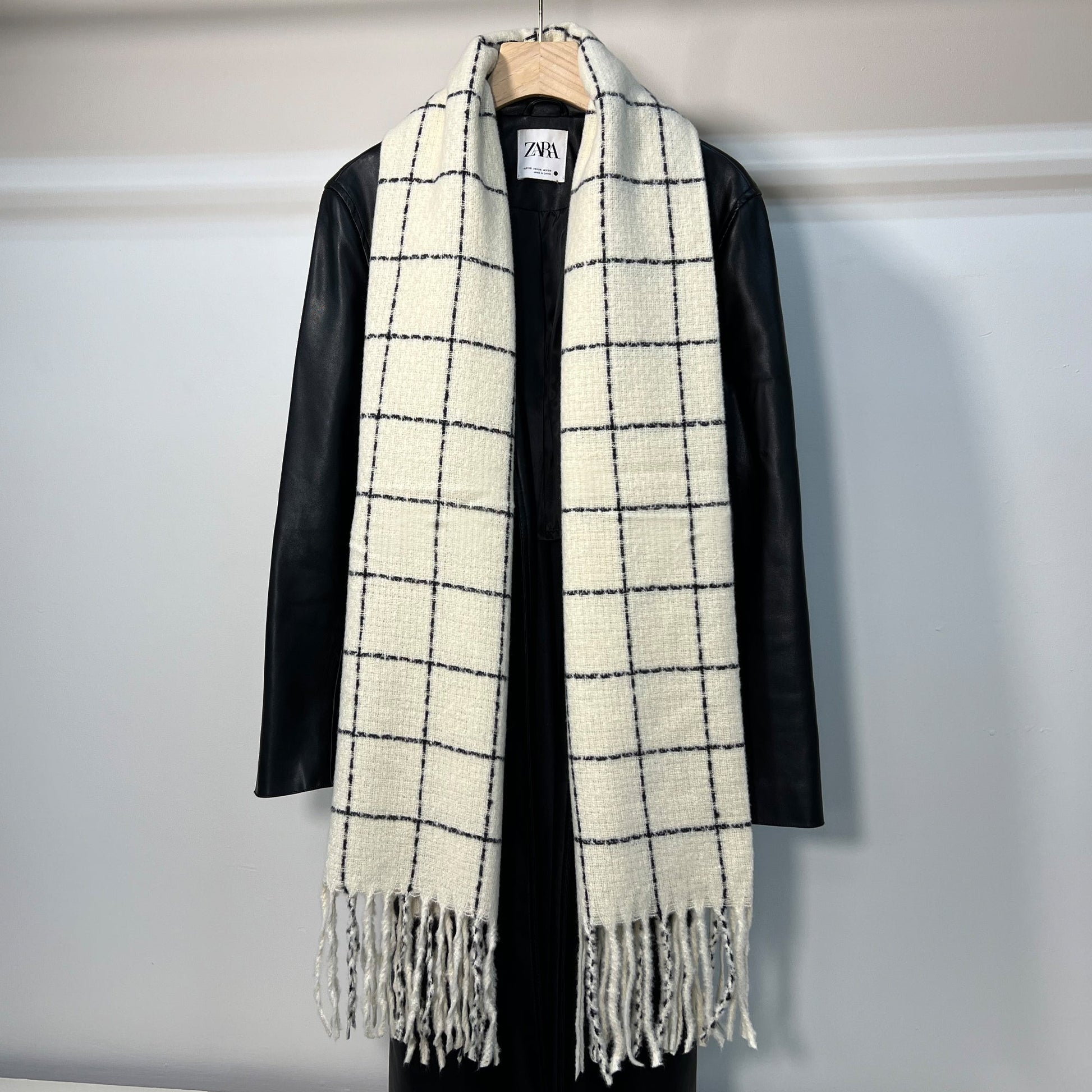 Cream White Plaid Scarf with Fringe