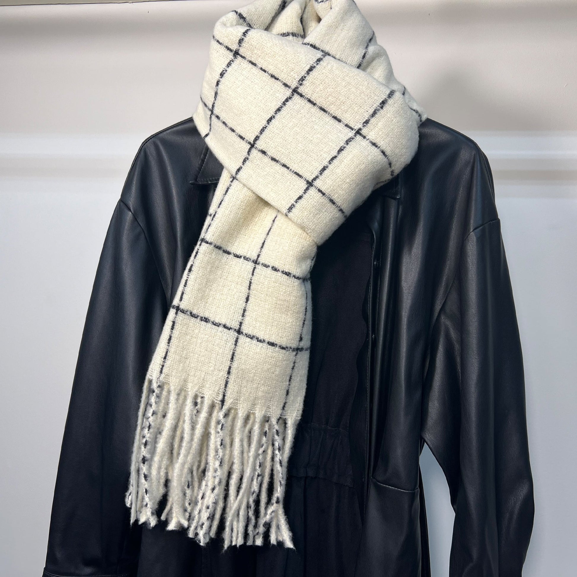 Cream White Plaid Scarf with Fringe