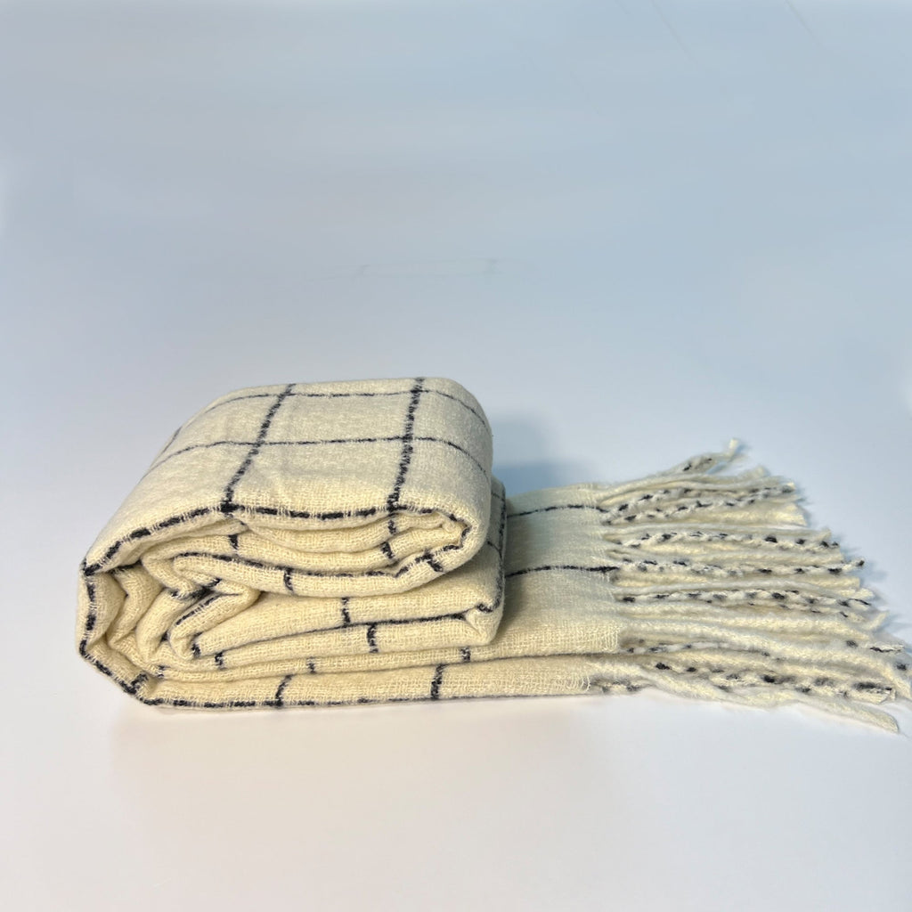 Cream White Plaid Scarf with Fringe