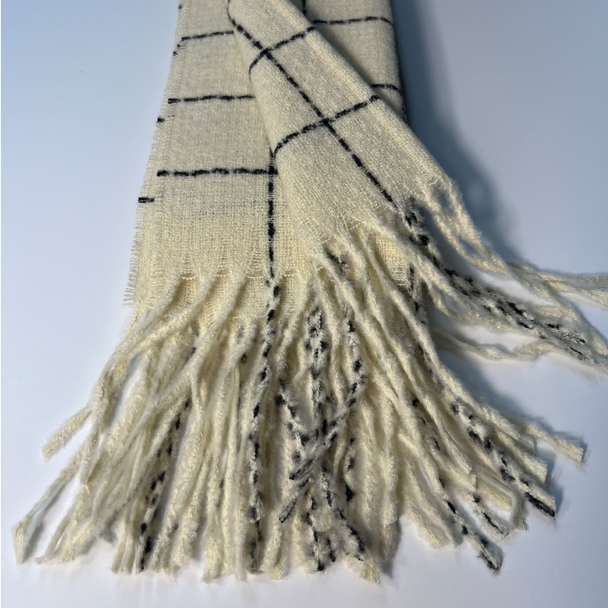Cream White Plaid Scarf with Fringe