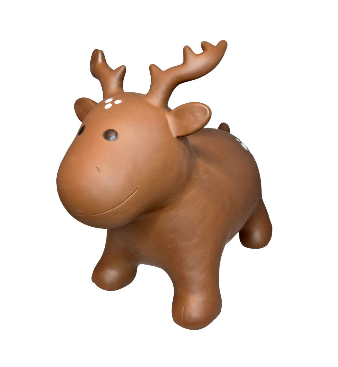 confident toddler bouncing on a brown moose hopper toy indoors