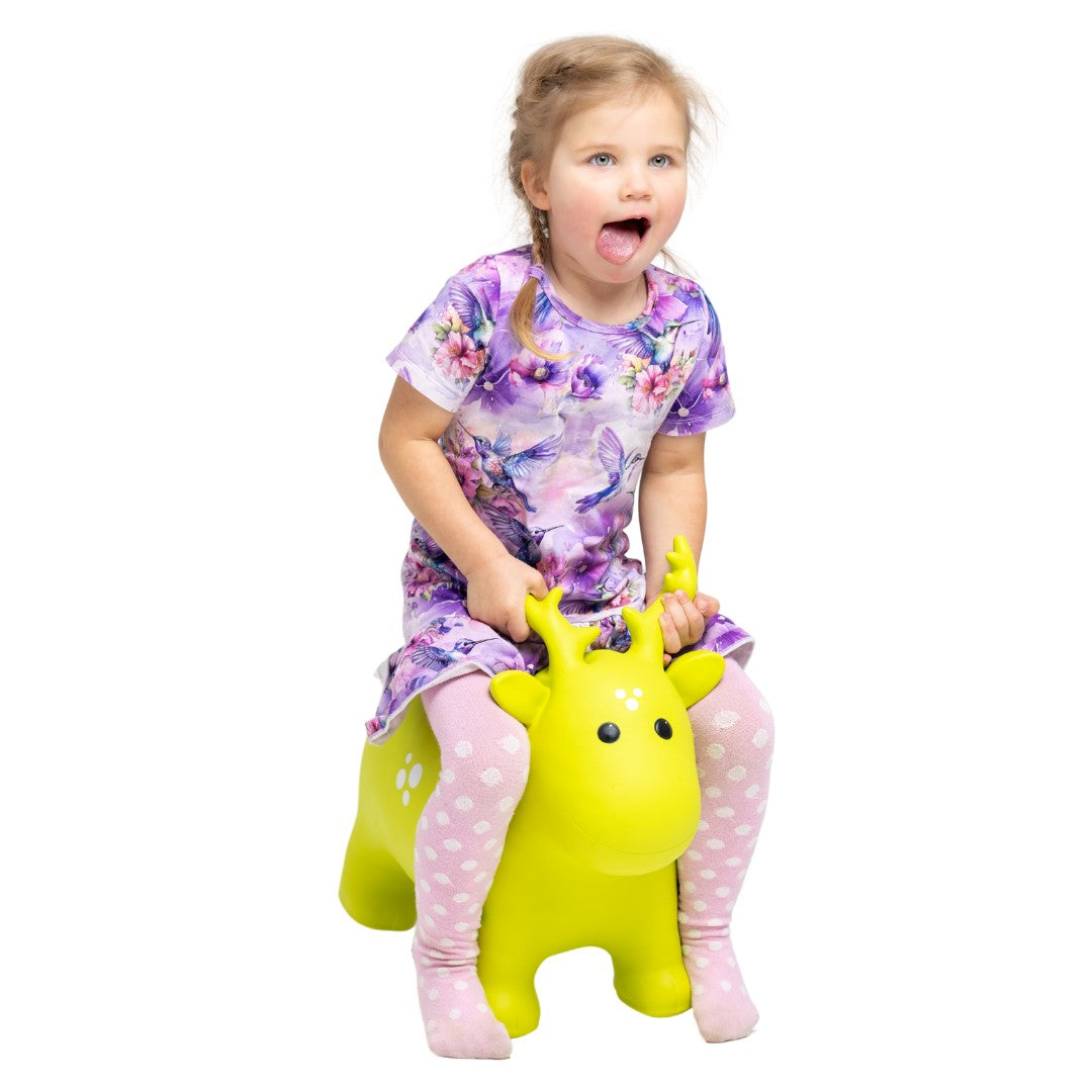 bold green moose hopper toy for kids on a bright adventure-ready background