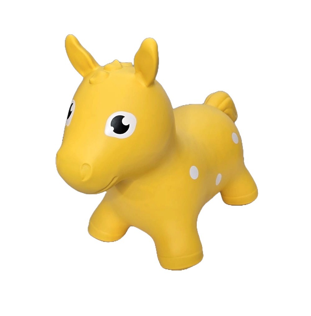 a soft yellow hopper horse in a cozy nursery setting