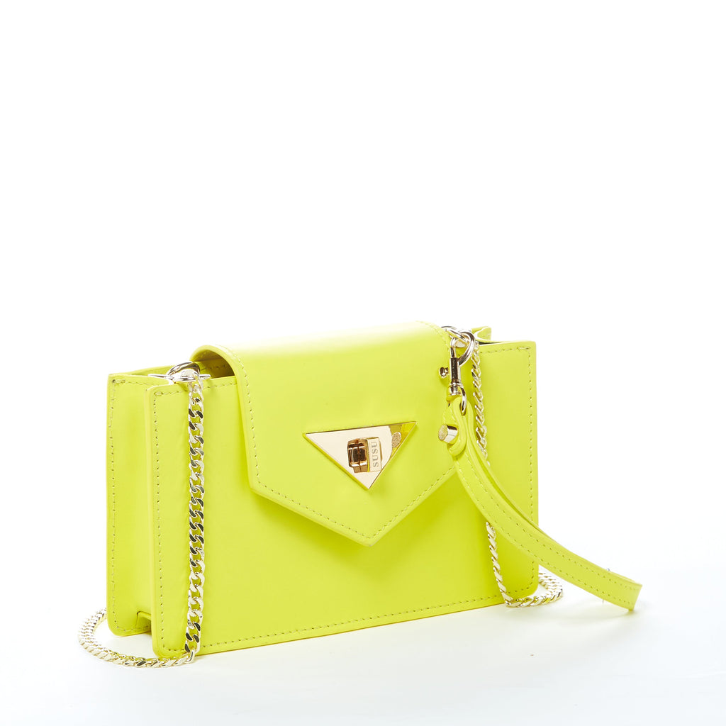 Bright Yellow Leather Crossbody Wristlet with Gold Chain Strap