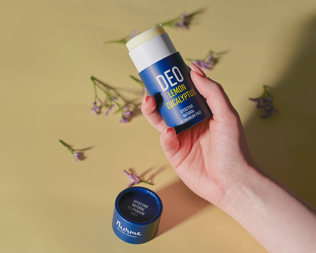 practical close-up of natural lemon eucalyptus deodorant with its smooth texture visible