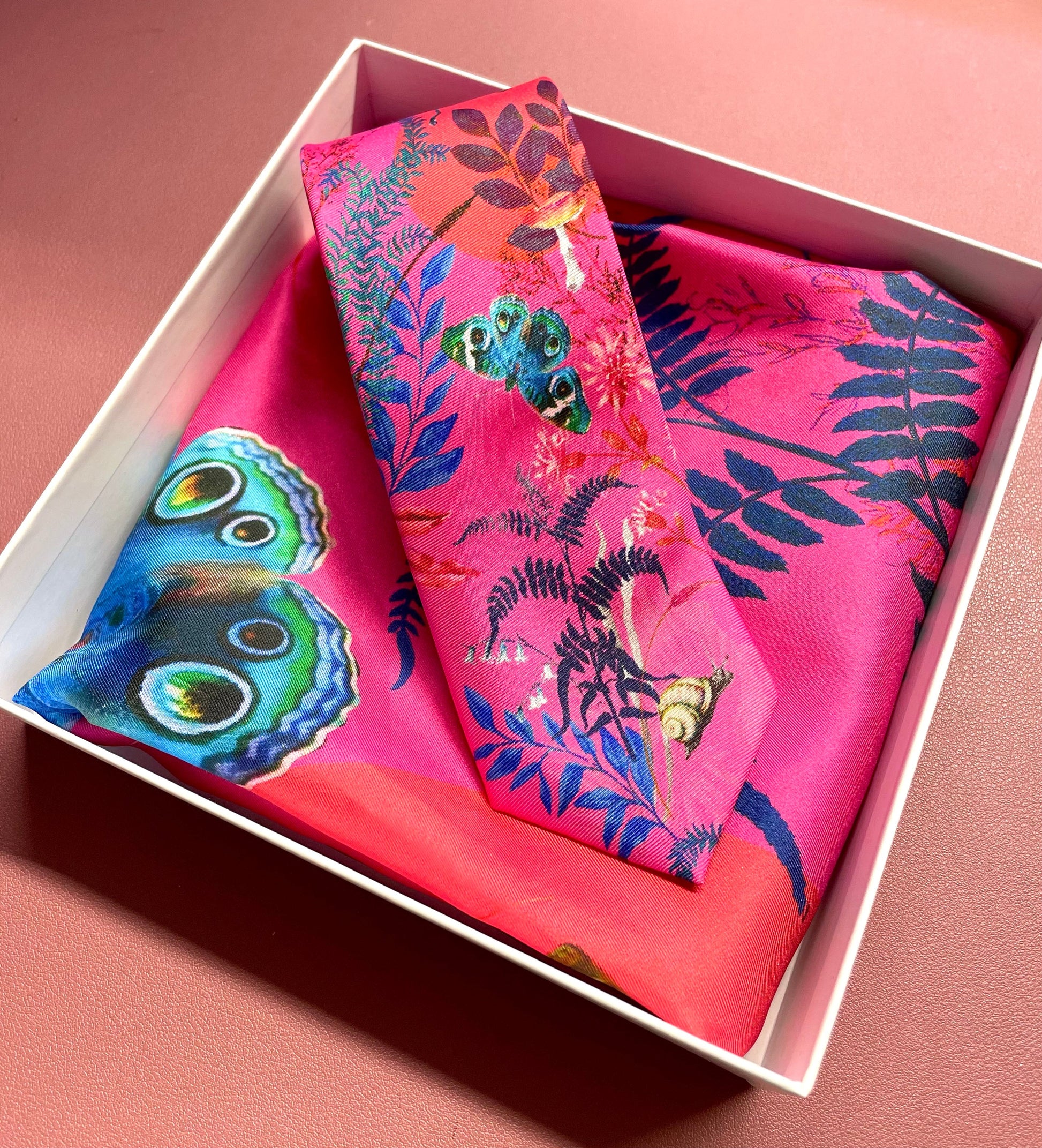 Fuchsia Pink Silk Tie and Pocket Square Set in Nectar Butterfly Print