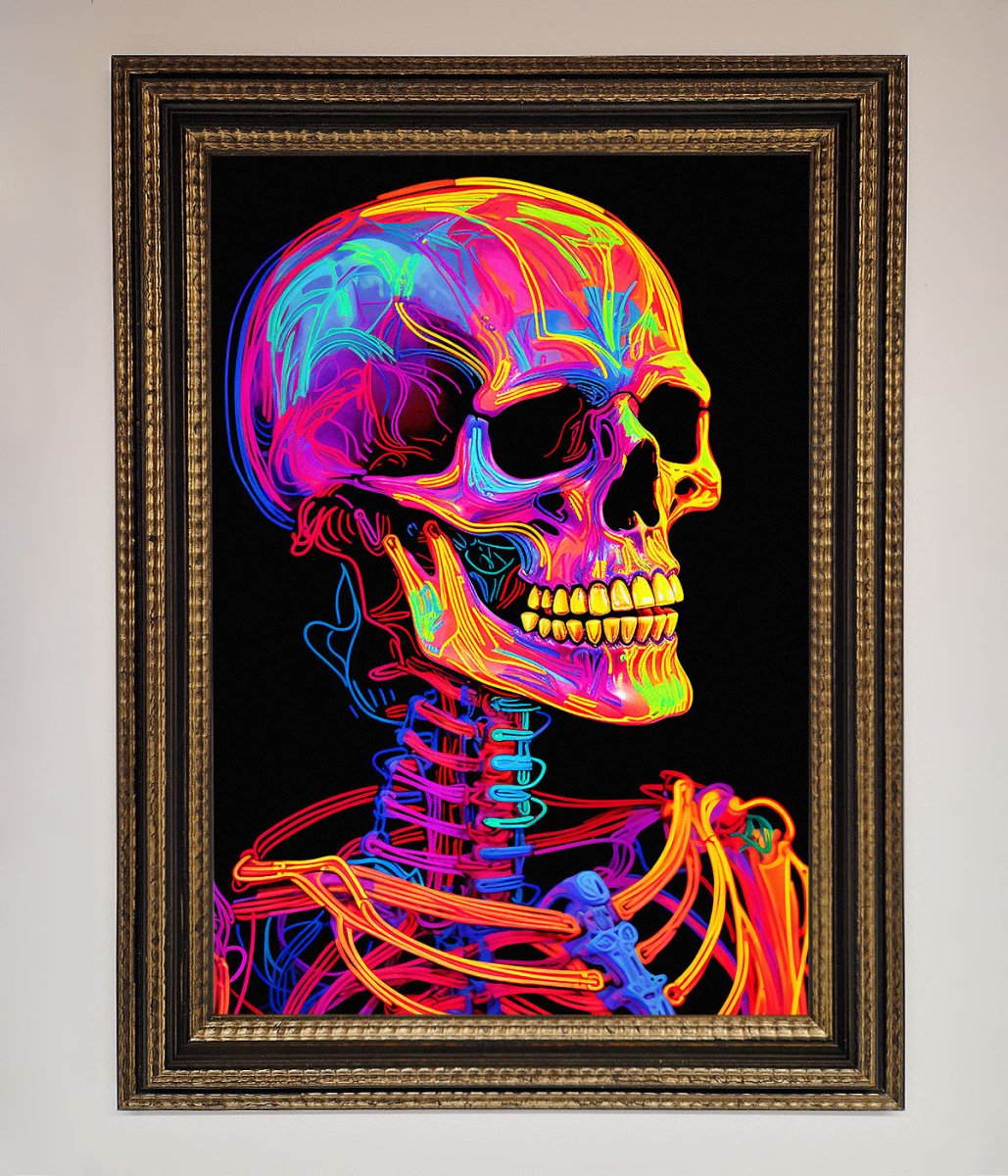 Neon On Black Skeleton Framed Poster