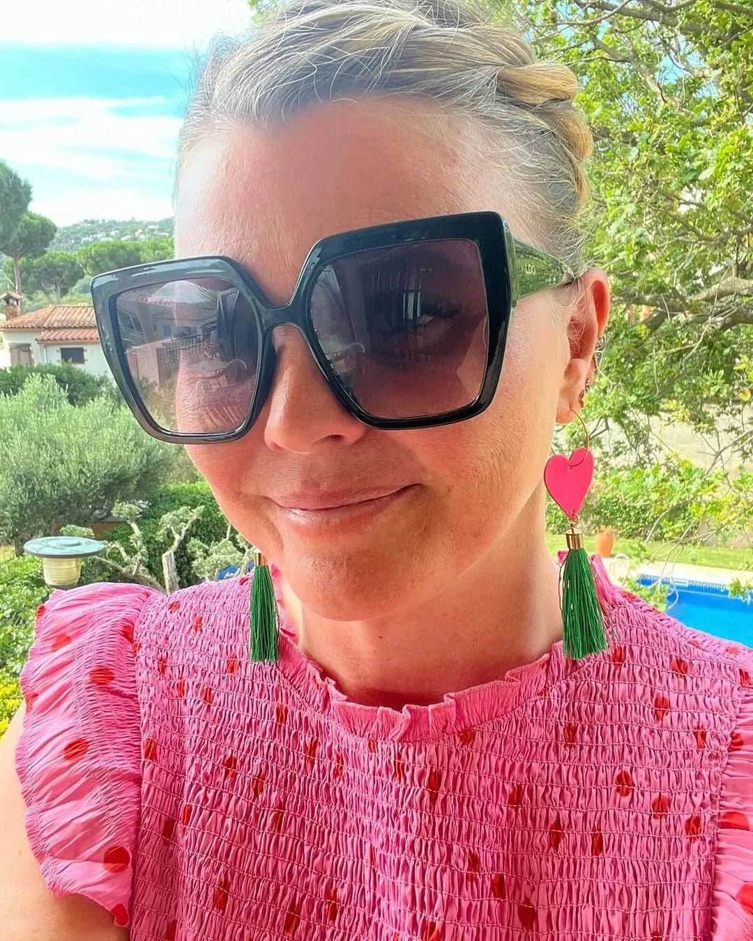 Neon pink and gold green tassel earrings