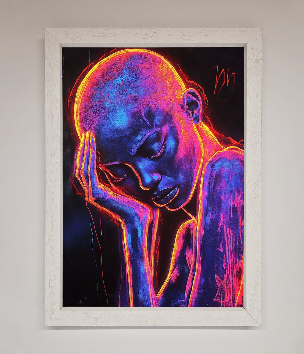 Neon Woman Hands In Head Framed Print