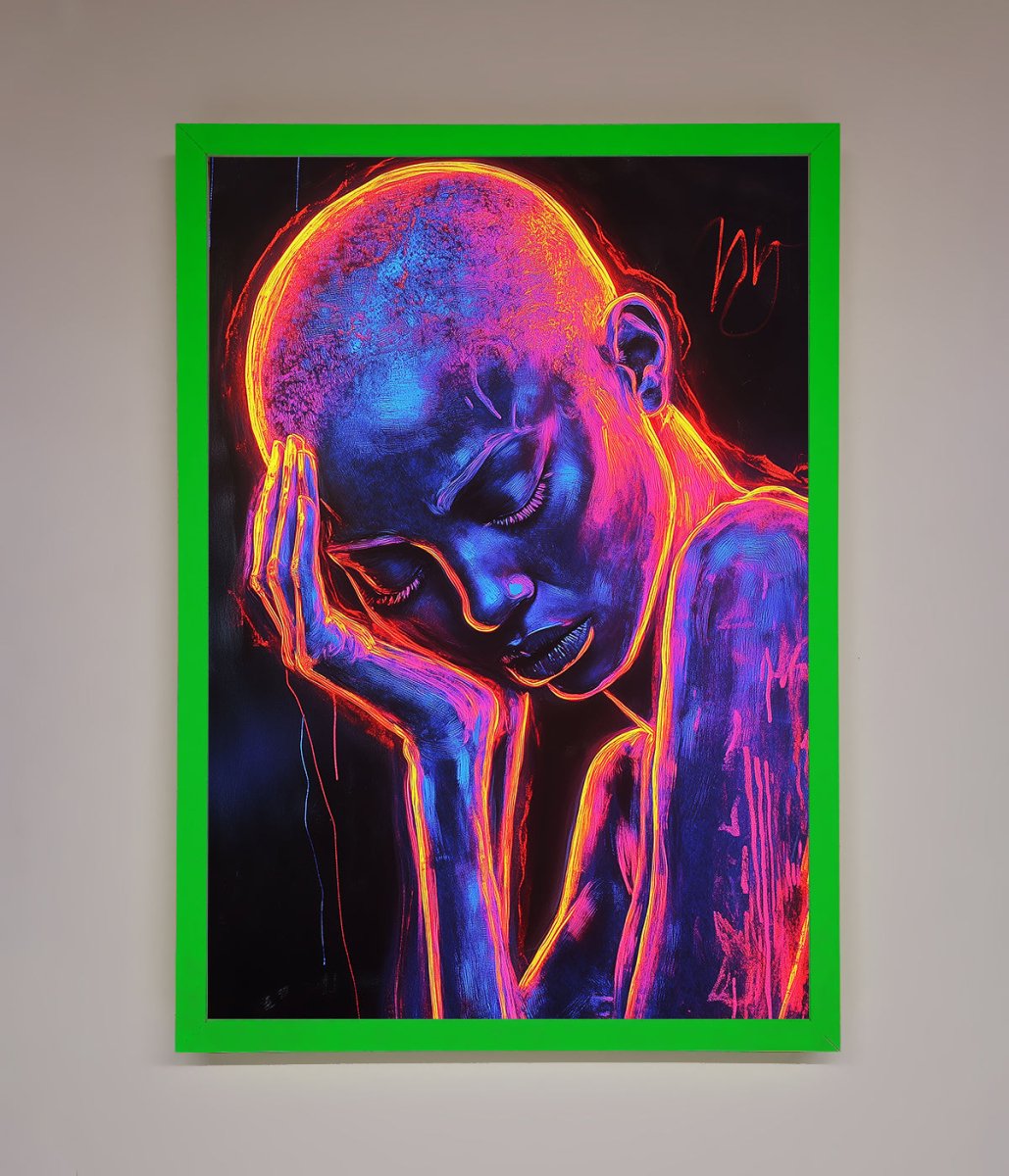 Neon Woman Hands In Head Framed Print