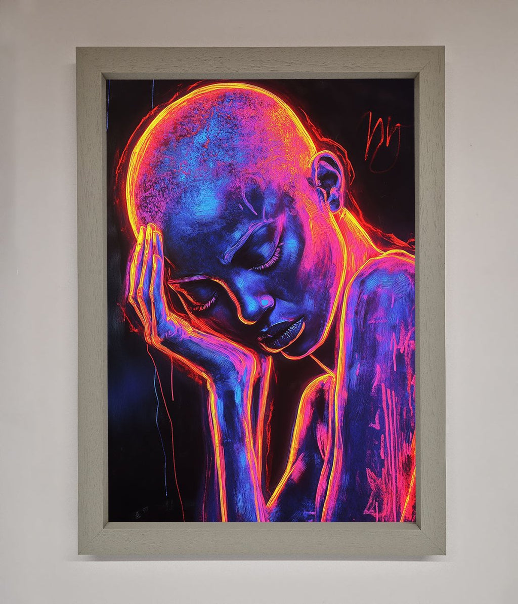 Neon Woman Hands In Head Framed Print