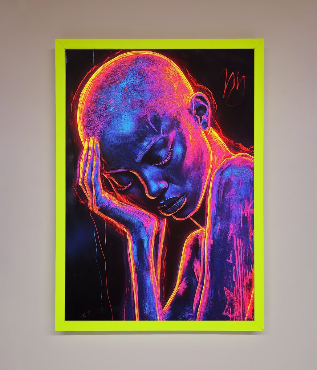 Neon Woman Hands In Head Framed Print
