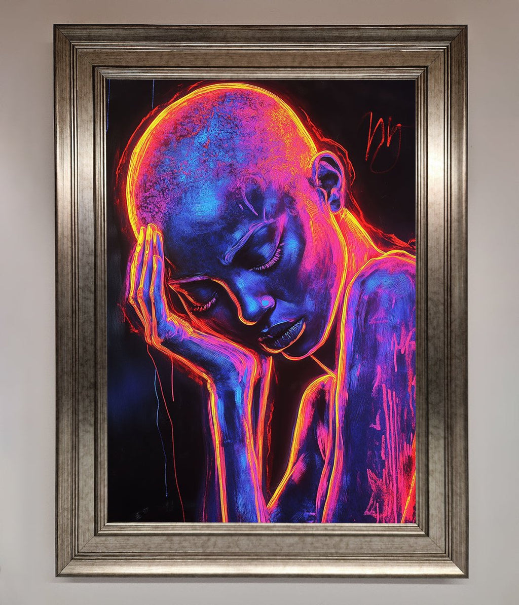 Neon Woman Hands In Head Framed Print