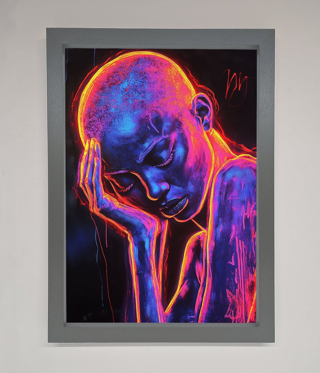 Neon Woman Hands In Head Framed Print