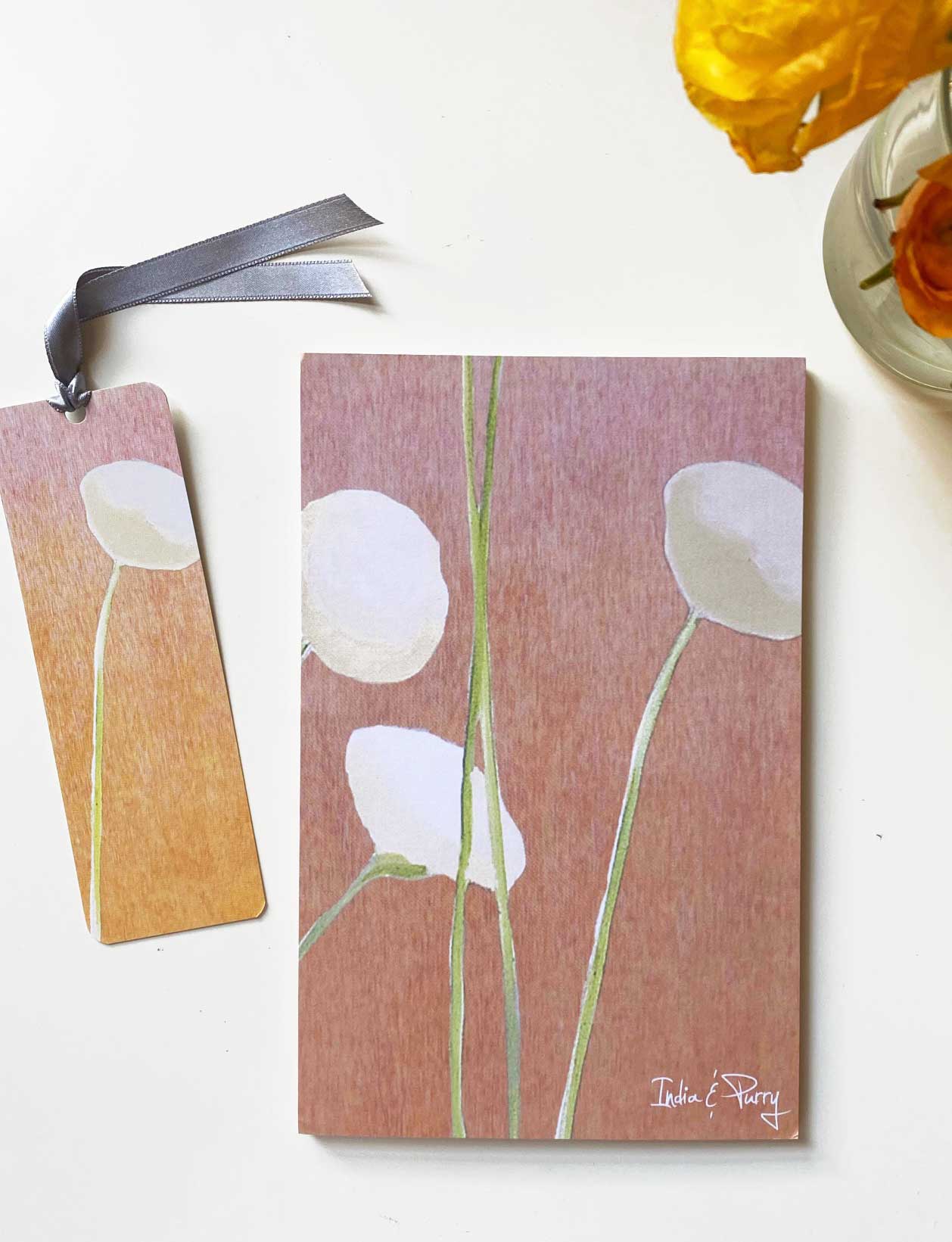 Cream Flowers on Orange Notepad and Bookmark Set