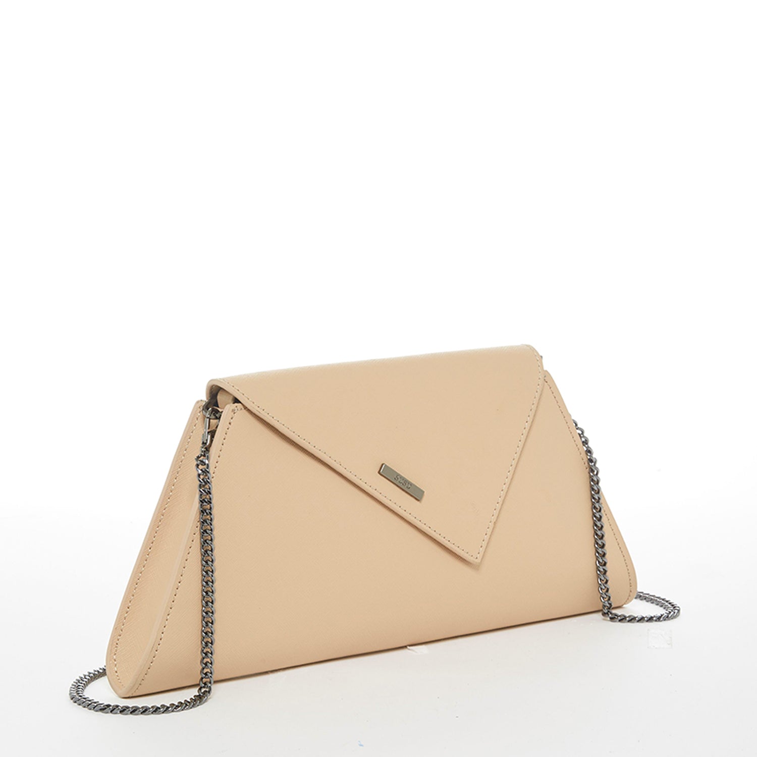 Nude Leather Clutch Bag with Detachable Chain Strap