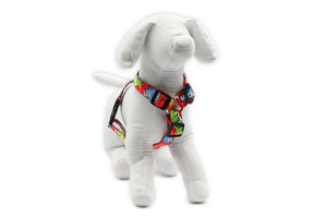 bold red graffiti nylon dog harness with high-gloss nickel fittings on a confident pet