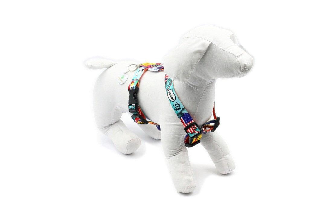 close-up of the durable nylon harness showing the nickel-plated handle and four plastic adjusters for a secure fit