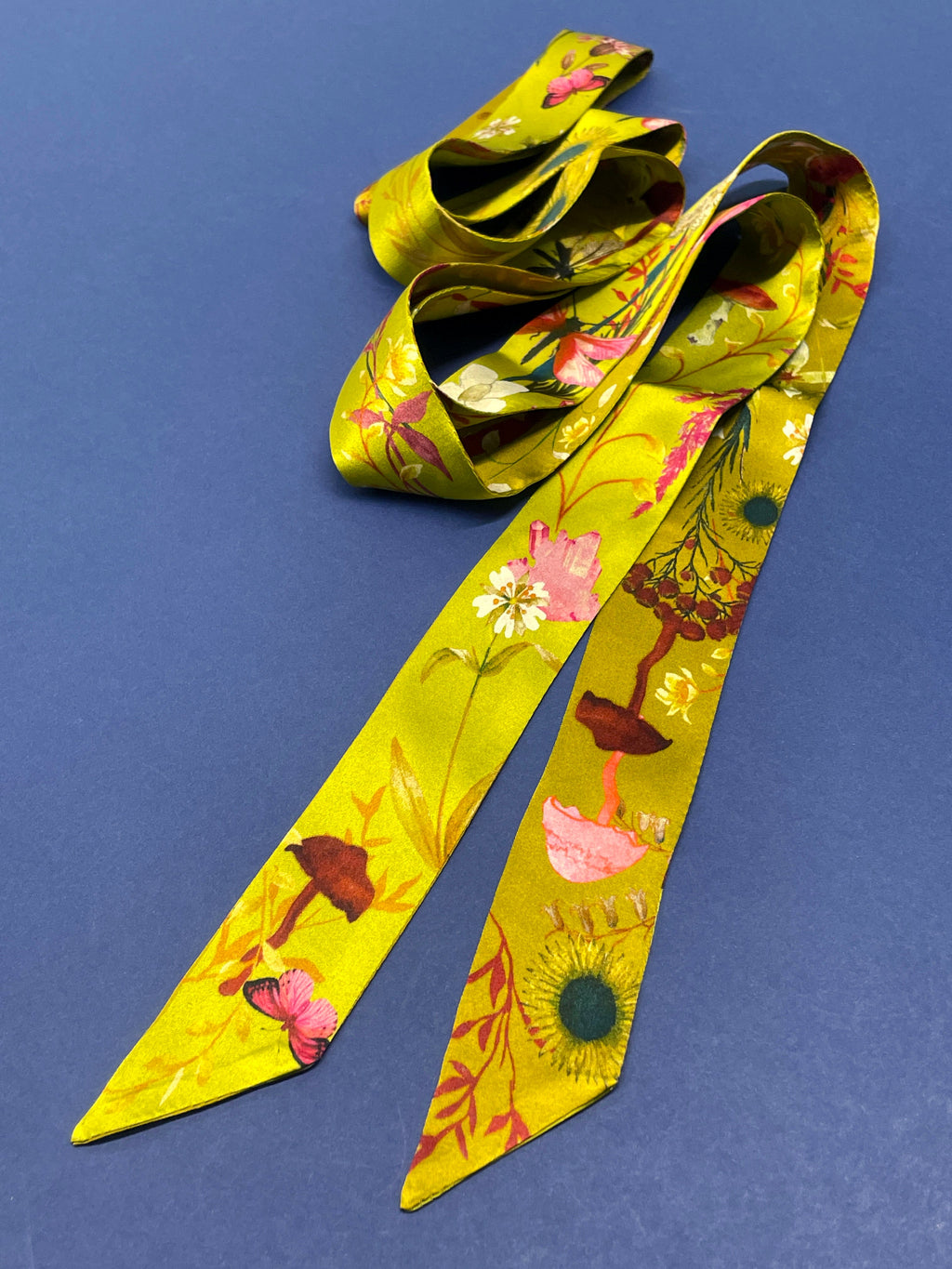Ochre Yellow Silk Satin Ultra Skinny Scarf with Sunflowers and Mushrooms