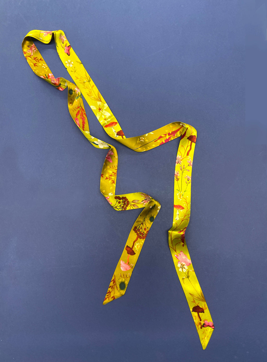 Ochre Yellow Silk Satin Ultra Skinny Scarf with Sunflowers and Mushrooms