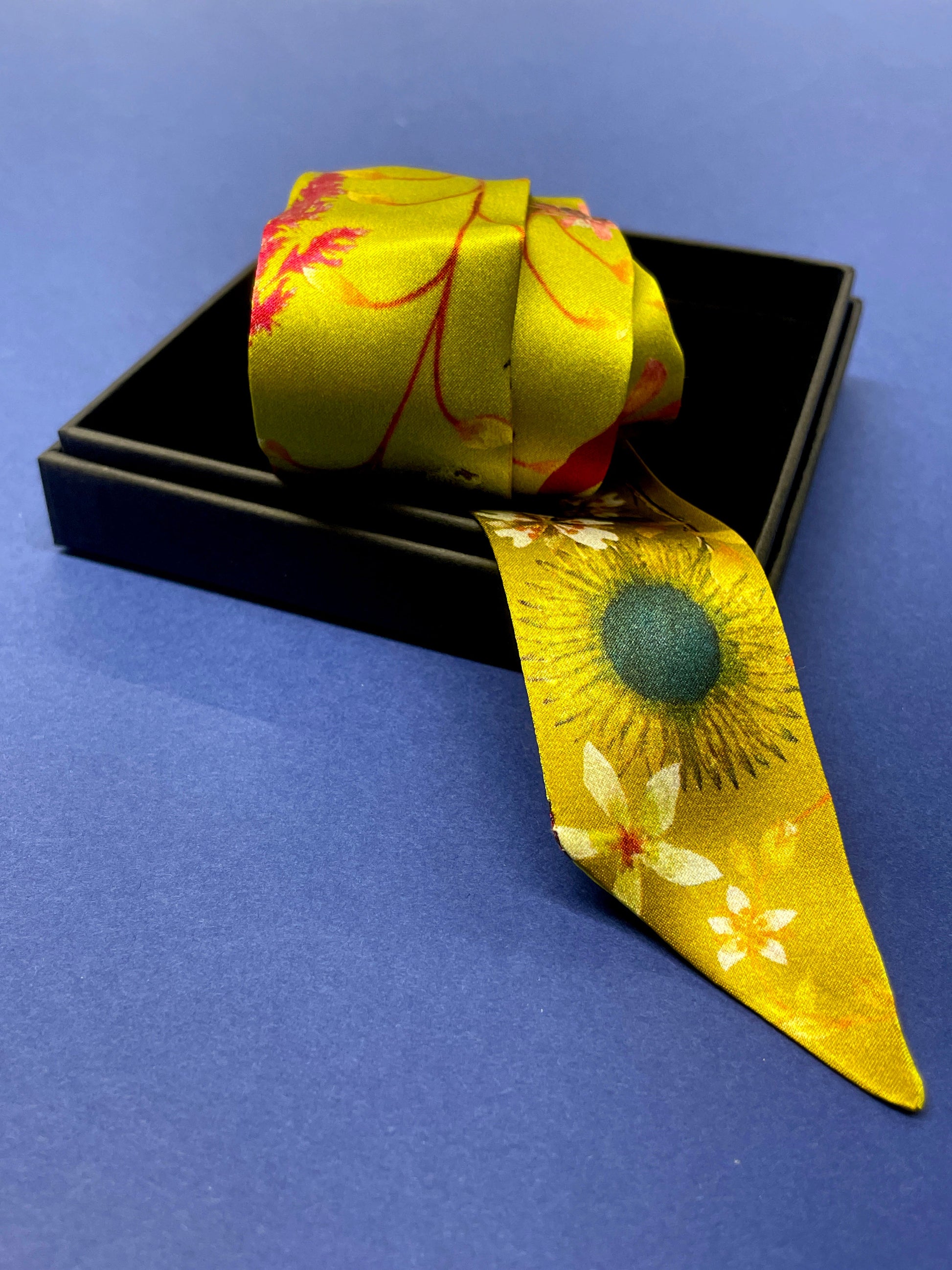 Ochre Yellow Silk Satin Ultra Skinny Scarf with Sunflowers and Mushrooms