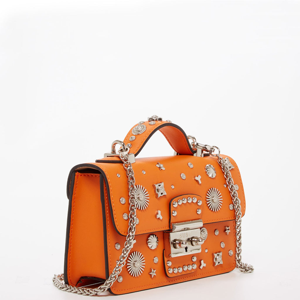Studded Orange Leather Crossbody Bag