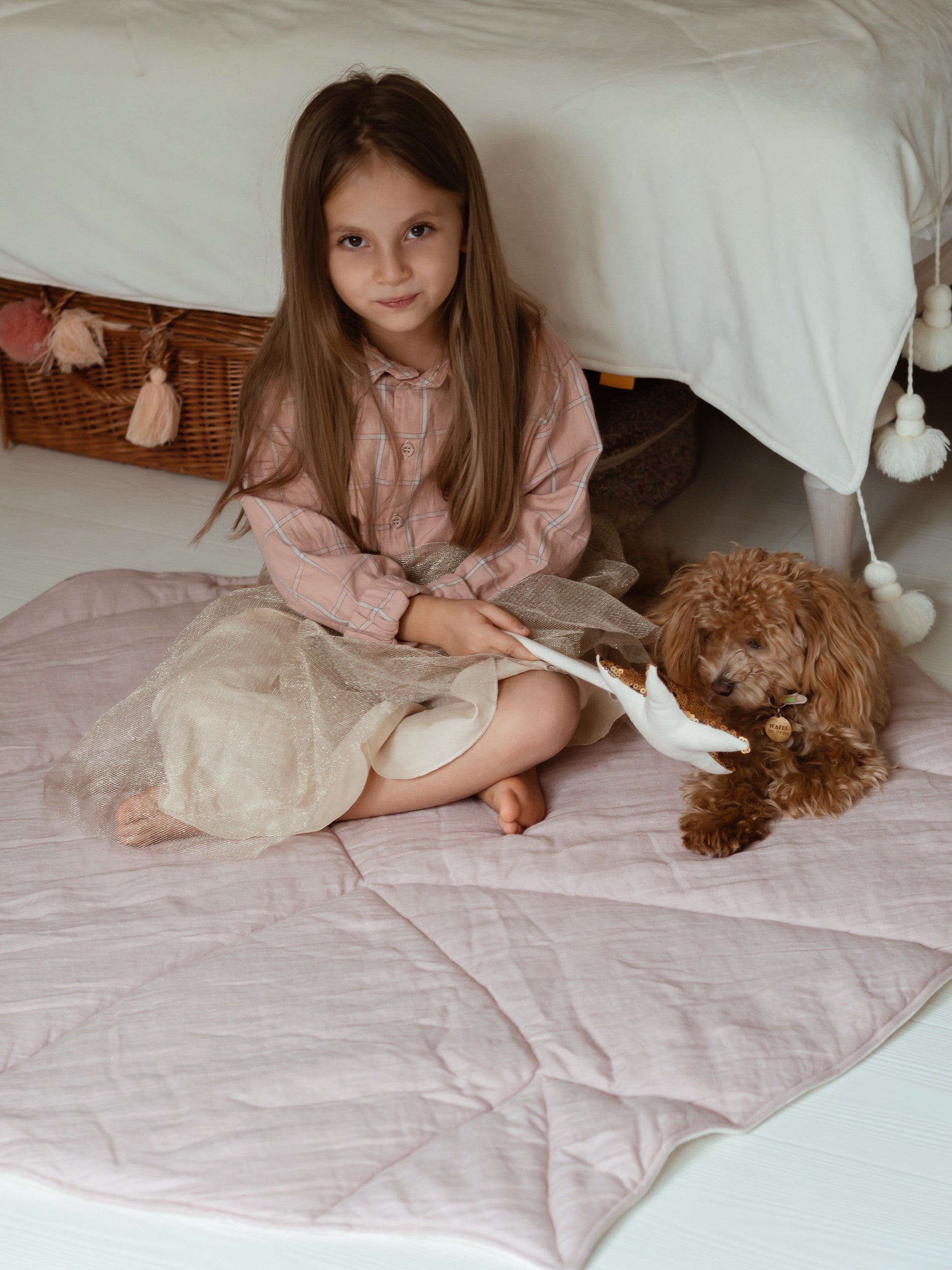 bold powder pink leaf playmat on a clean white background, showcasing its artisan-made texture and size