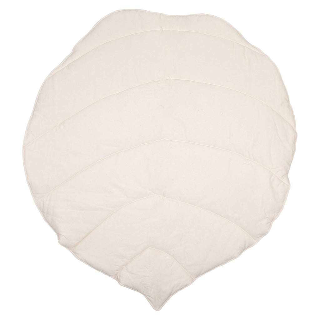 close-up of the ginkgo leaf playmat's soft sand-colored linen texture and handcrafted stitching
