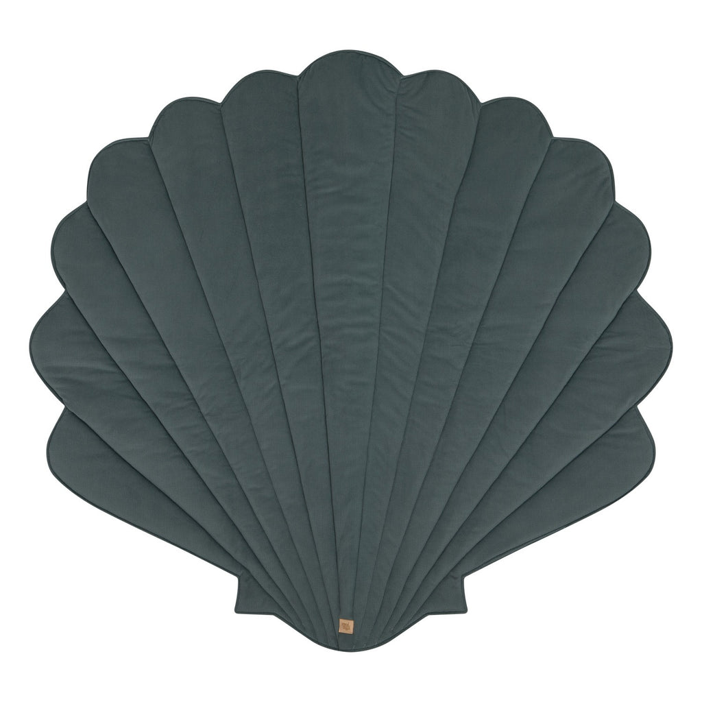 a playful blue ginkgo leaf playmat with a toddler giggling on the soft velvet surface