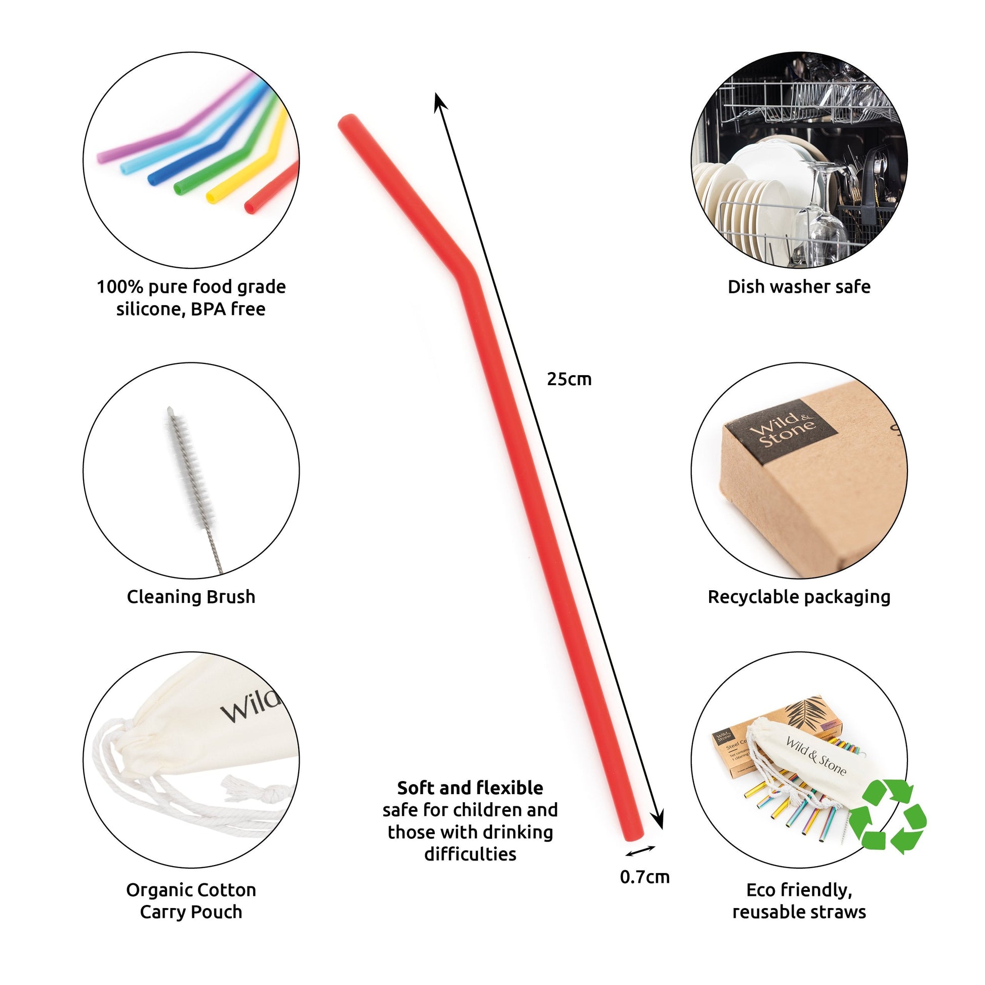 Reusable Silicone Drinking Straws 6 Pack with Carry Pouch