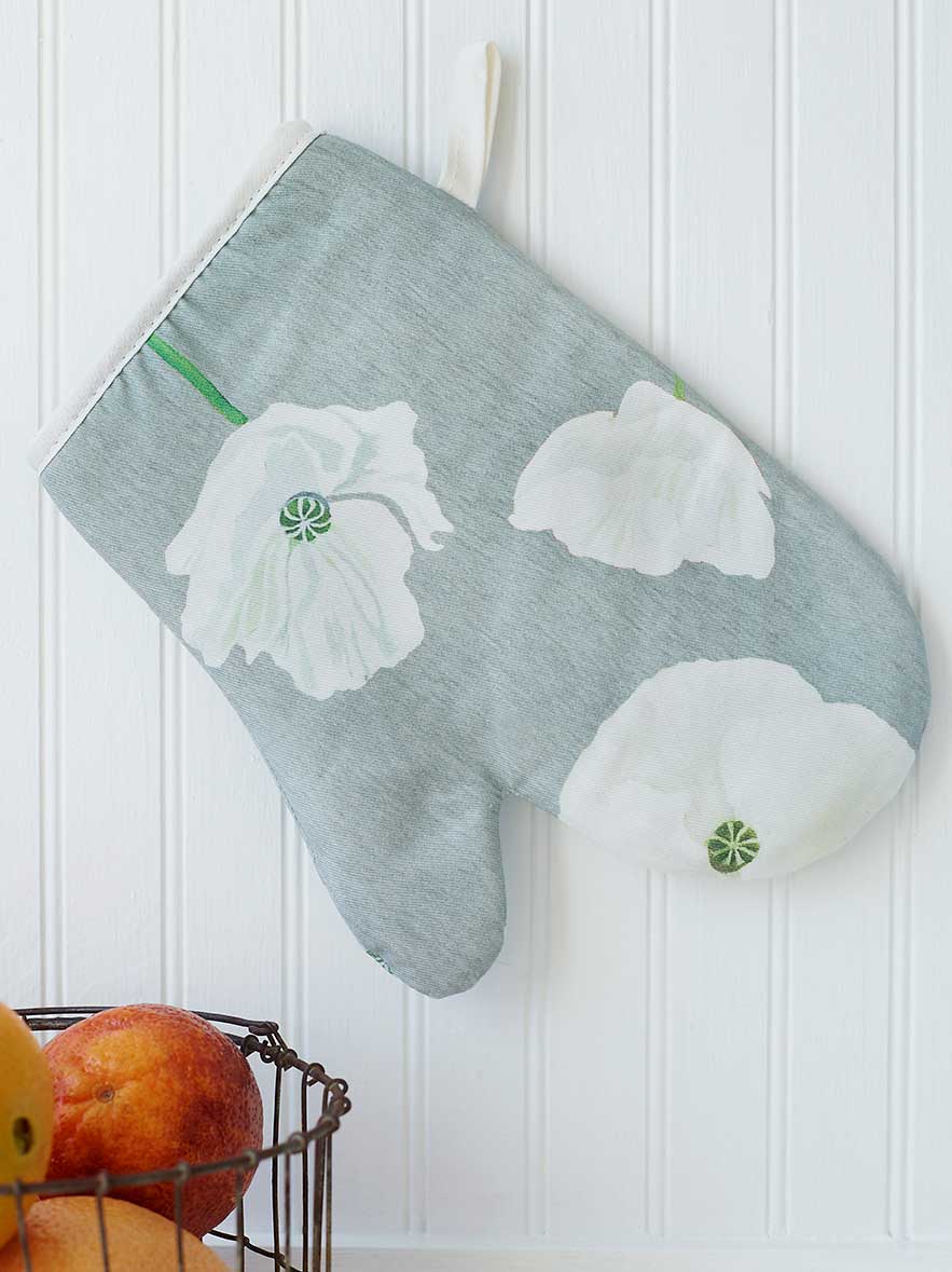 White Poppies on Grey Oven Mitt