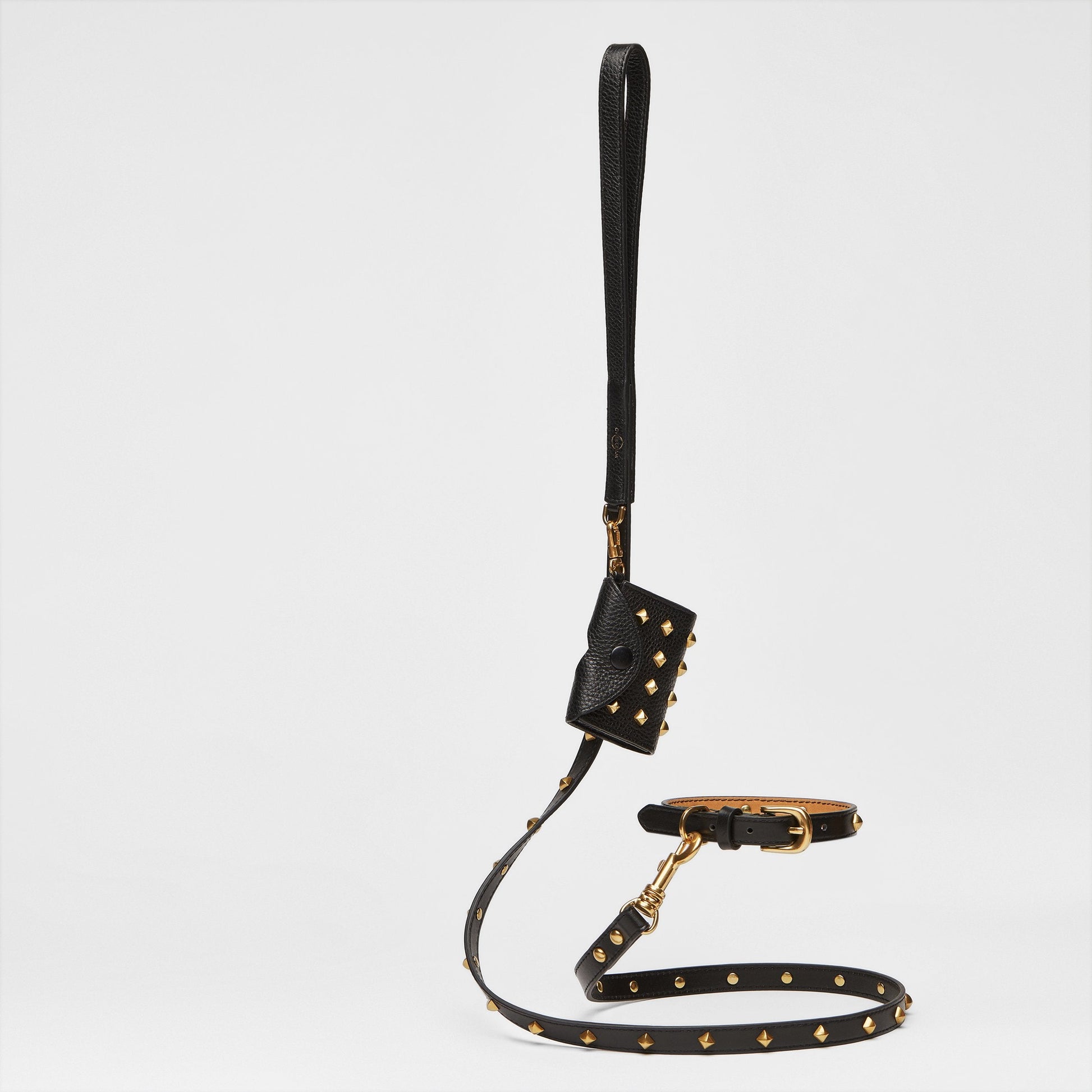 Black Leather Dog Lead, Collar and Waste Pocket Set with Golden Studs