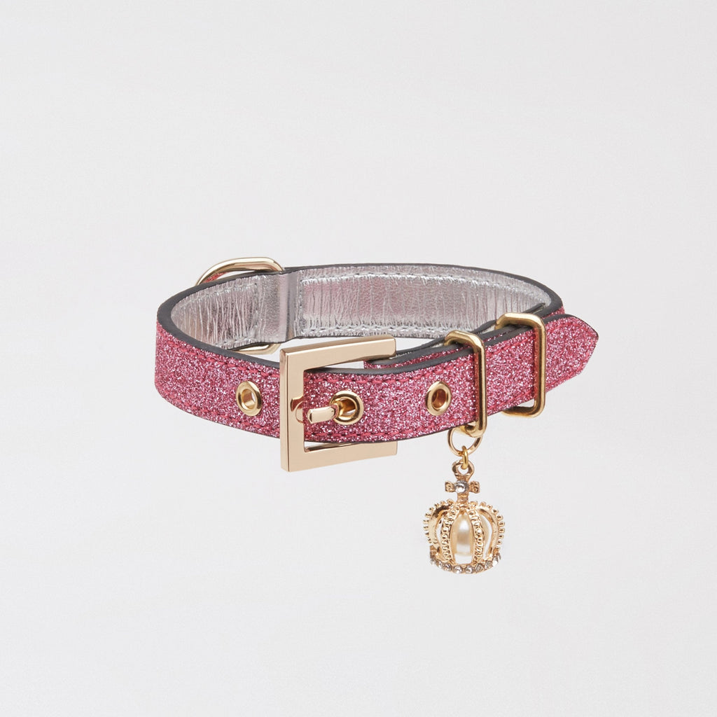 Rose Glitter Leather Collar with Crown