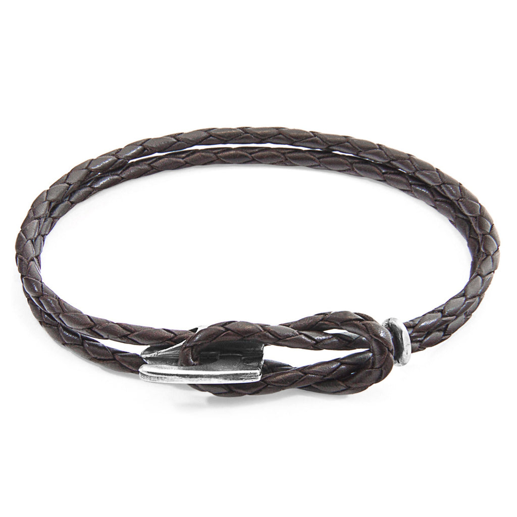 Embrace Elegance with the Dark Brown Padstow Silver and Braided Leather Bracelet by ANCHOR & CREW at www.brixbailey.com
