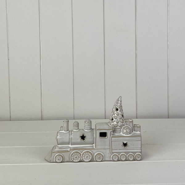 Glazed Ceramic Train Ornament with Textured Detail and LED