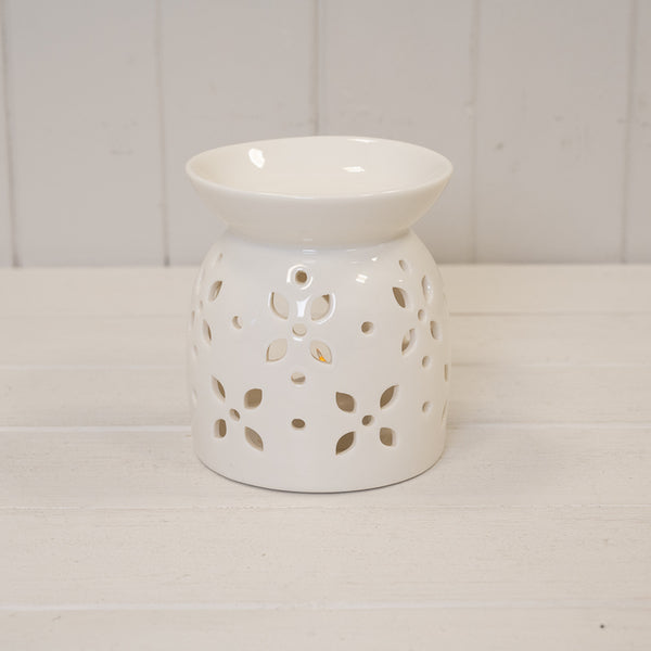 Large White Ceramic Glazed Oil Burner with Flower Petal Design