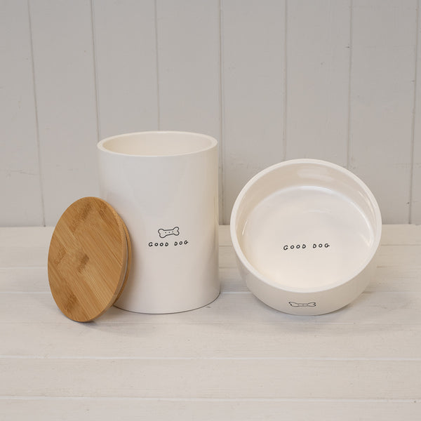 Good Dog' Ceramic Treat Jar with Bamboo Lid.