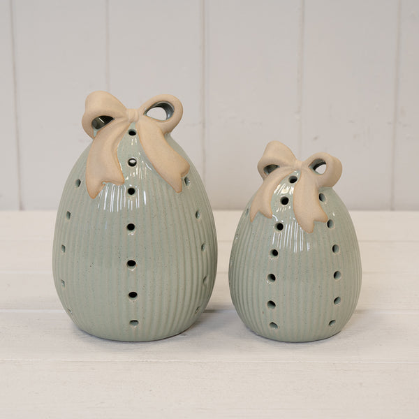 Sage Green Ceramic Egg with Bow Large with LED Timer