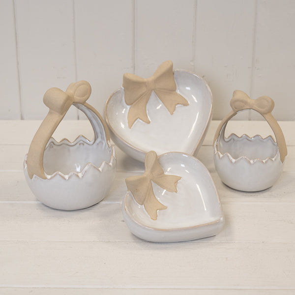 Heart Shaped Shallow Dish with Unglazed Bow Design
