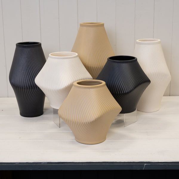 Modern Tan Sculptural Ribbed Vase.