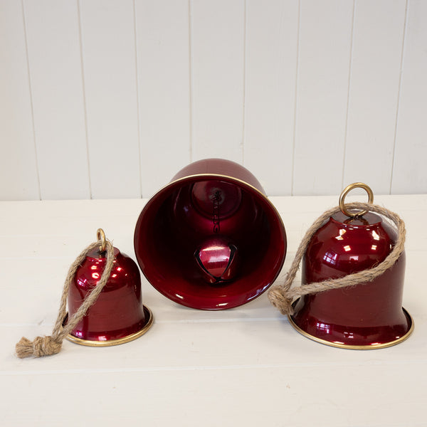 Set of 3 Glossy Red Bells with Hanger