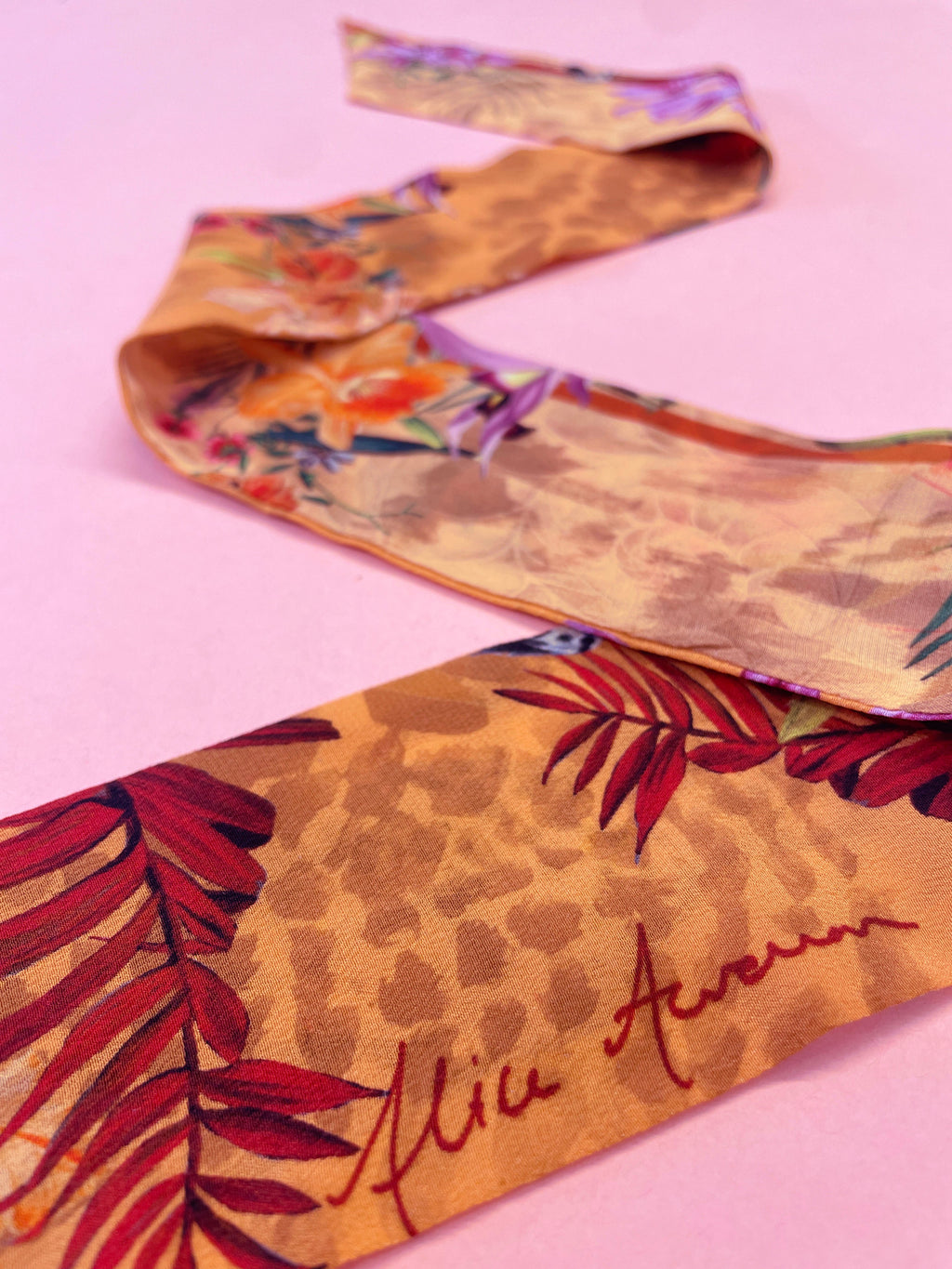 Peach Botanical Panthera Silk Twilly Scarf with Leopard Print