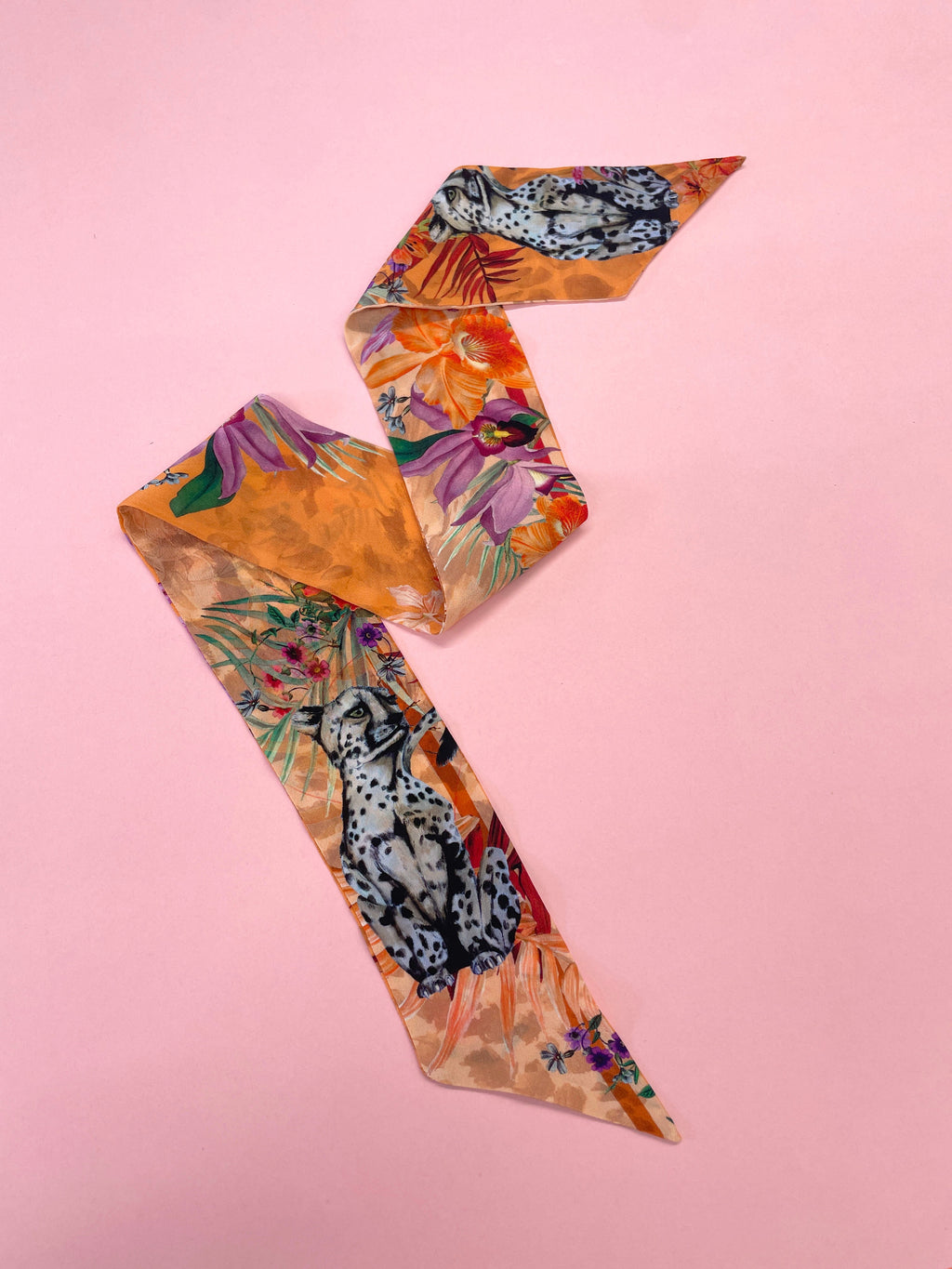 Peach Botanical Panthera Silk Twilly Scarf with Leopard Print