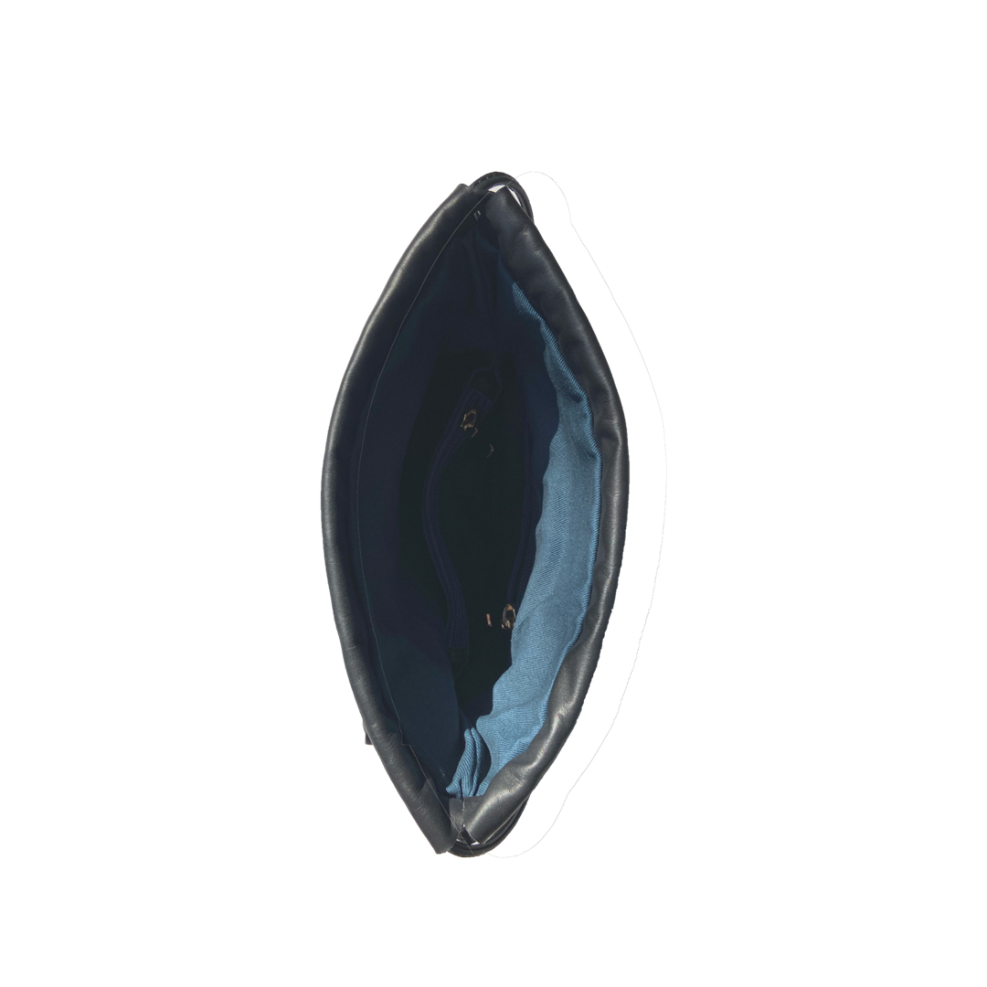 Black Leather Bucket Bag with Snakeskin Print and Drawstring