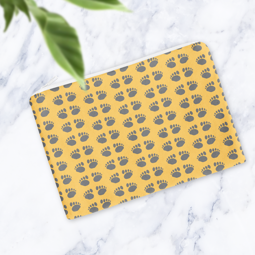 Yellow Paw Print Makeup Bag - Handmade Cosmetic Pouch with Water Resistant Lining - Dog Lover Gift - Travel Beauty Bag