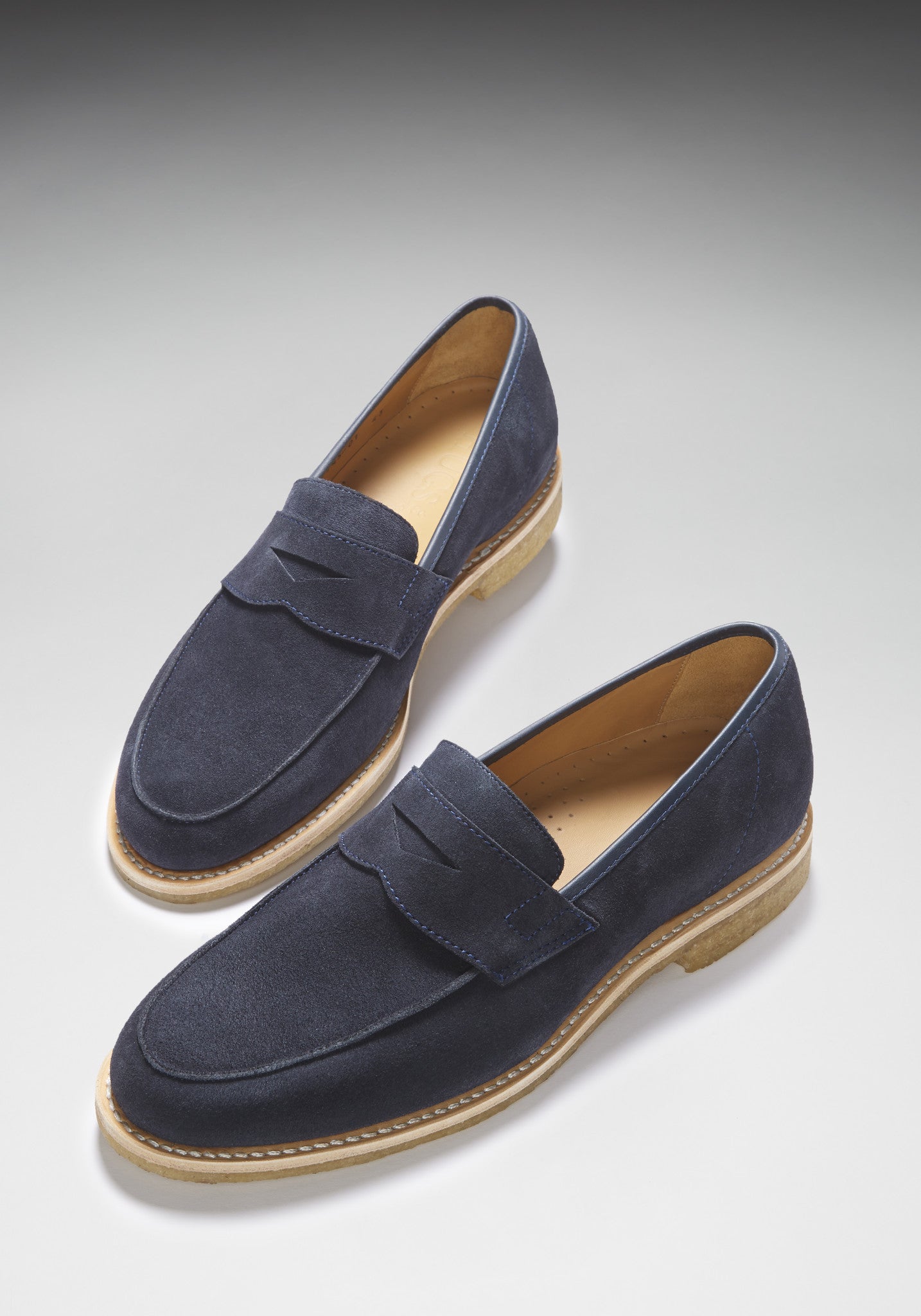 Blue Suede Loafers, Crepe Rubber Welted Sole