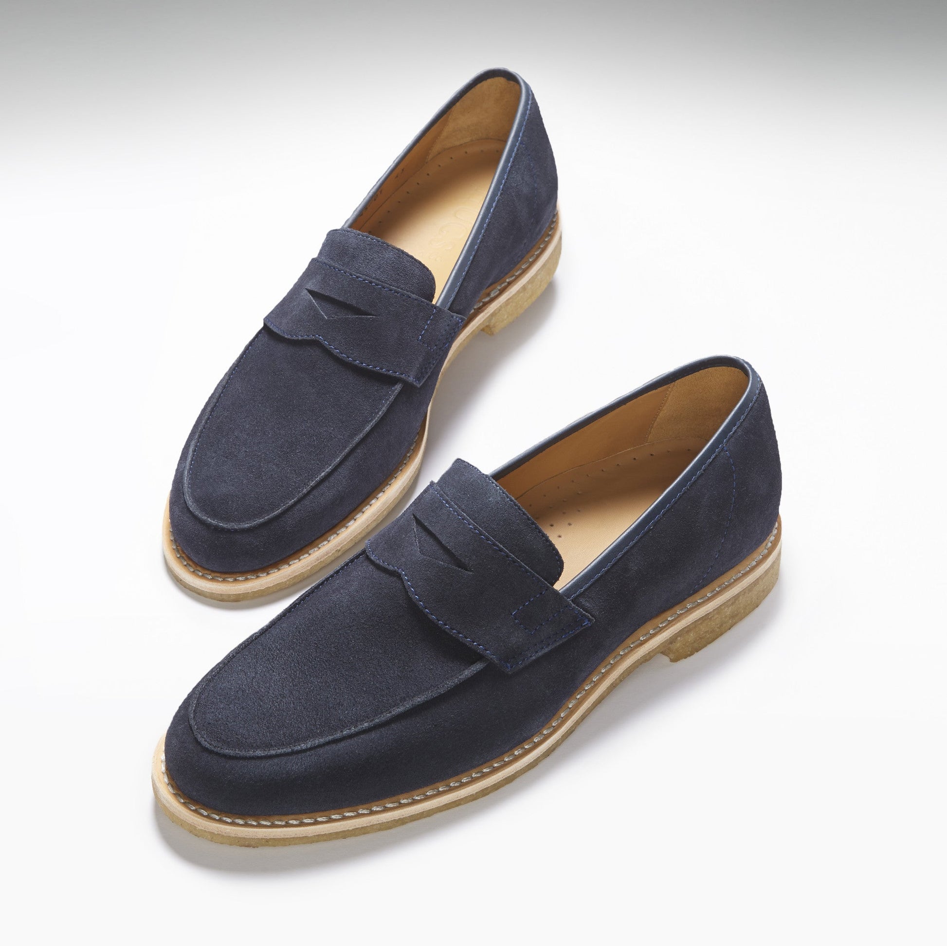 Blue Suede Loafers, Crepe Rubber Welted Sole